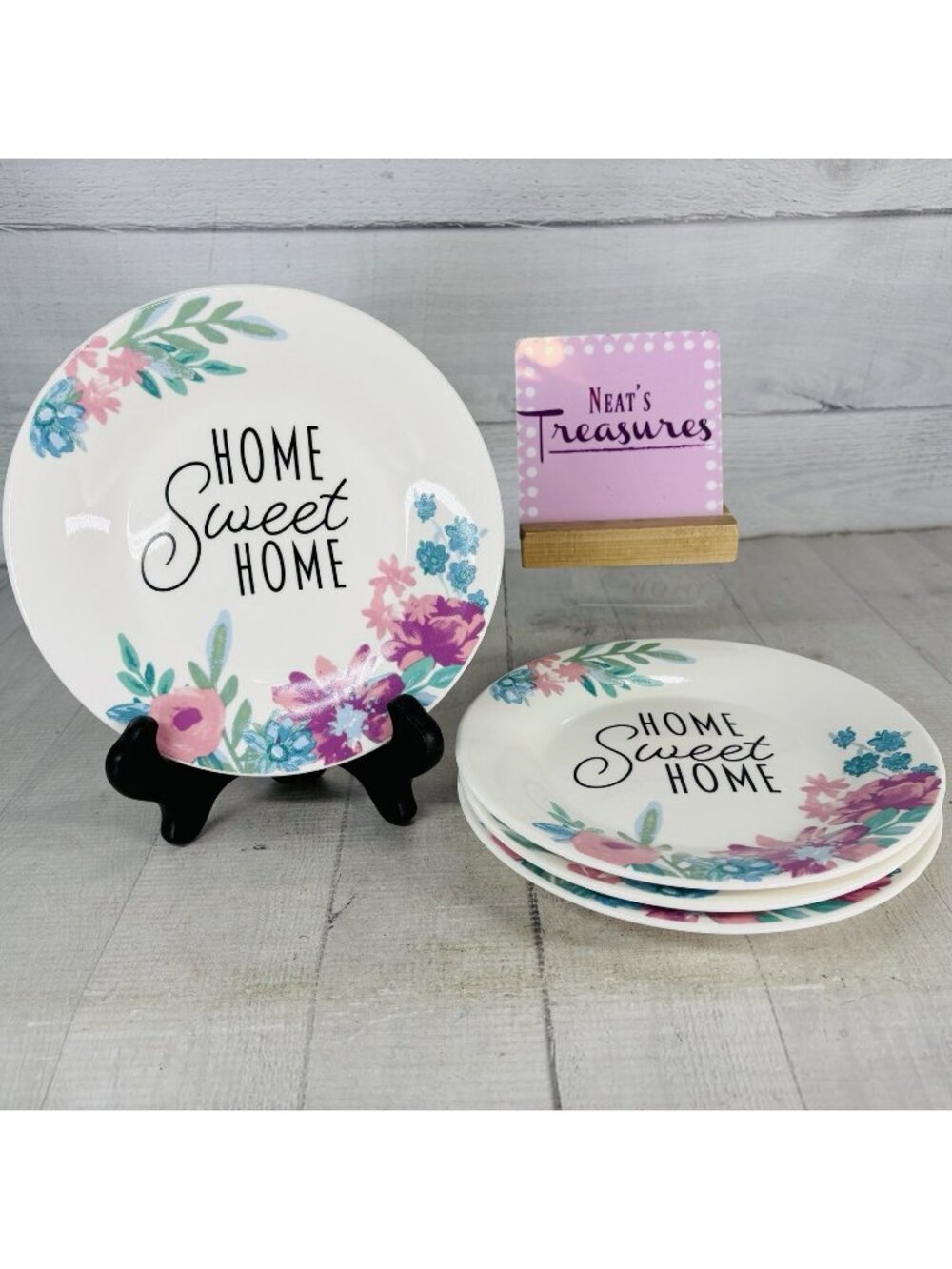Royal Norfolk RNF138 Greenbrier HOME SWEET HOME Pink Floral Salad Plate Set 4